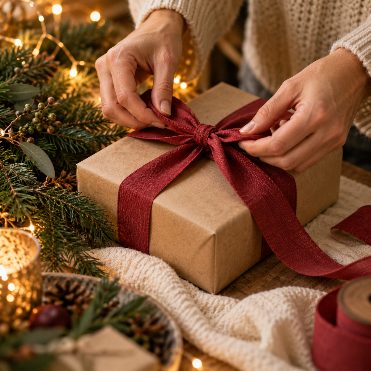 Wrapping a Christmas gift with cranberry ribbon