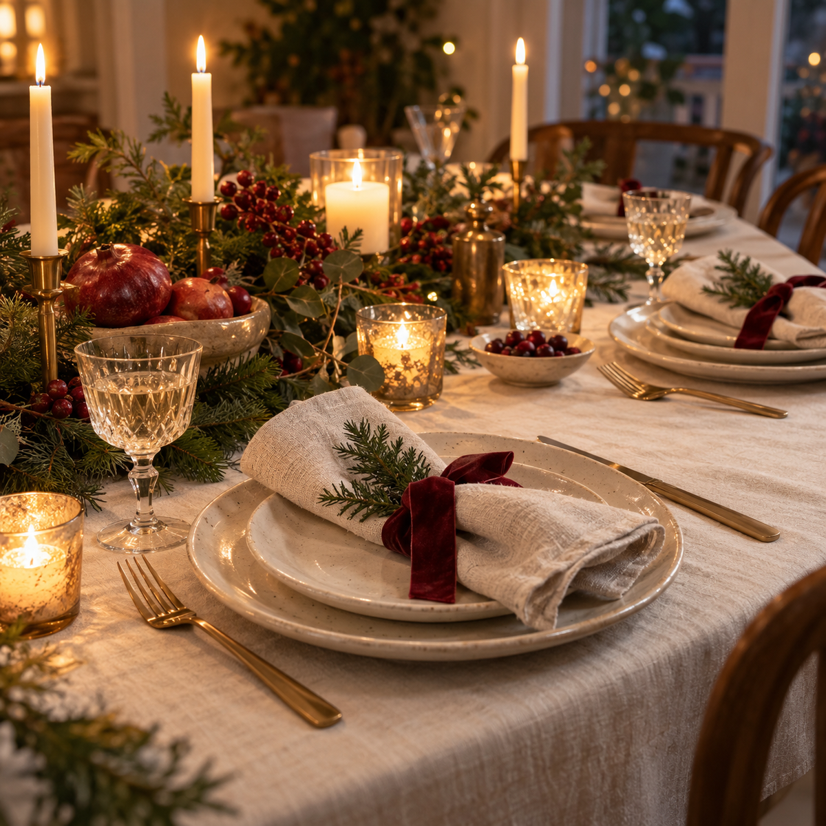 A festive table with cream linen and evergreen sprigs