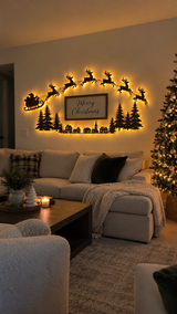 Warm Santa and reindeer wall lights above a sofa