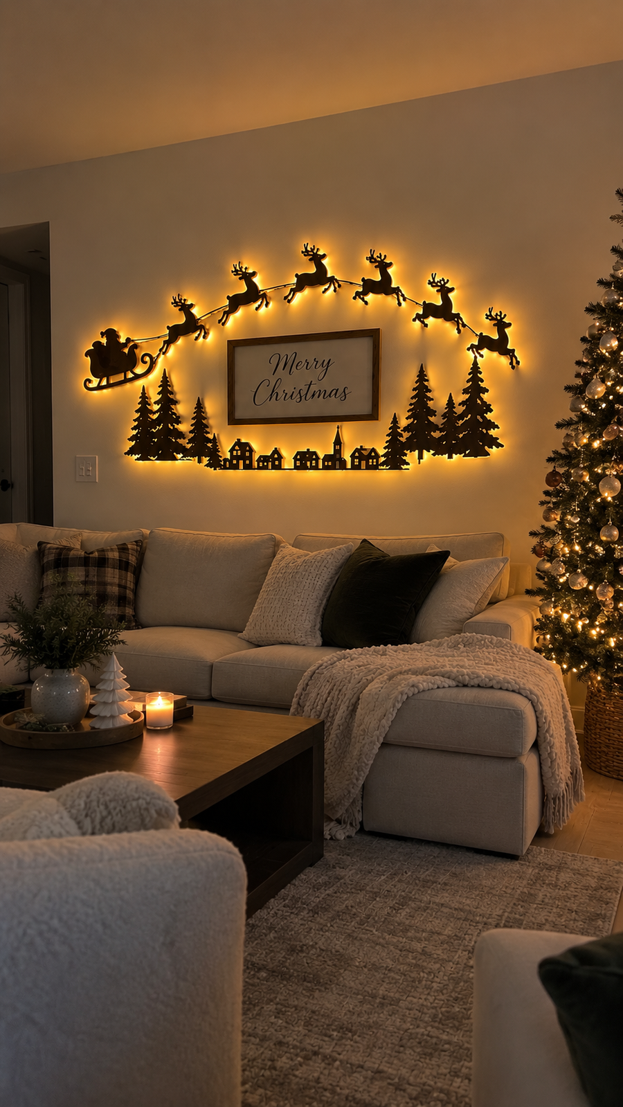 Warm Santa and reindeer wall lights above a sofa